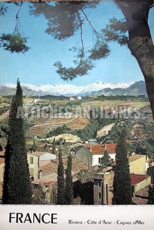 CAGNES SUR MER RIVIERA VUE MER ET MONTAGNE AFFICHE ANCIENNE ORIGINALE  FORMAT 40X60CM CIRCA 1960
