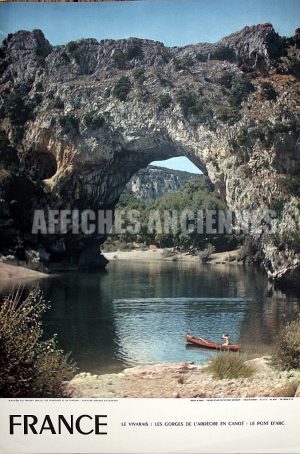 VIVARAIS GORGES DE L'ARDECHE EN CANOE LE PONT D'ARC AFFICHE ANCIENNE ORIGINALE CIRCA 1960