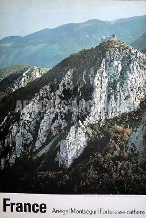ARIEGE FRANCE MONTSEGUR FORTERESSE CATHARE AFFICHE ANCIENNE ORIGINALE FORMAT 40X60 CM CIRCA 1960