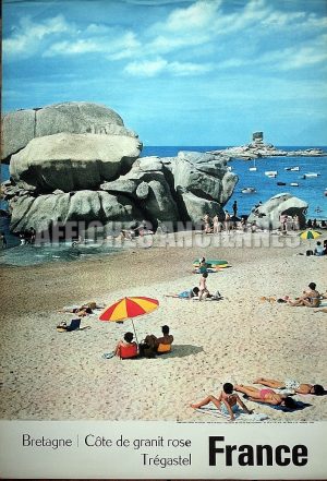FRANCE BRETAGNE TREGASTEL LA CÖTE DE GRANIT ROSE AFFICHE ORIGINALE FORMAT 40X60 CM CIRCA 1960