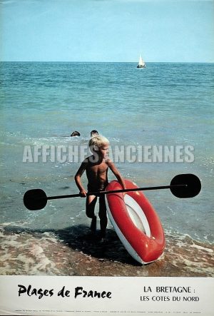 FRANCE BRETAGNE CÖTE DU NORD LES PLAGES ENFANT ET KAYAC AFFICHE ORIGINALE FORMAT 40X60 CM CIRCA 1960