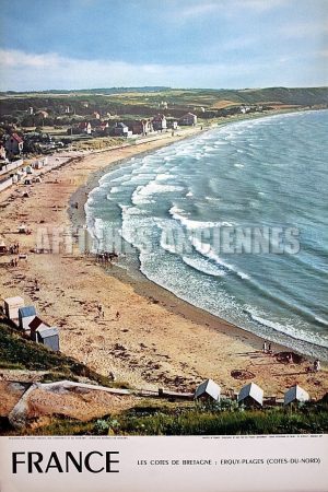 FRANCE BRETAGNE LES PLAGES ERQUY CÖTES DU NORD AFFICHE ORIGINALE FORMAT 40X60 CM CIRCA 1960