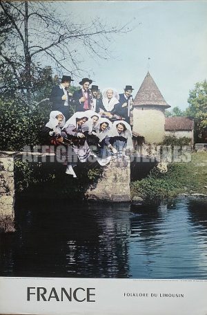 FRANCE CORREZE LIMOUSIN MUSICIENS VIELLE A ROUE BOMBARDE CHABRETTE ET CORNEMUSE AFFICHE ORIGINALE FORMAT40X60 CM CIRCA 1960