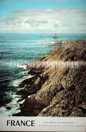 FRANCE BRETAGNE FINISTERE LA POINTE DU RAZ ET L'ILE DE SEIN AFFICHE ORIGINALE FORMAT 40X60 CM CIRCA 1960