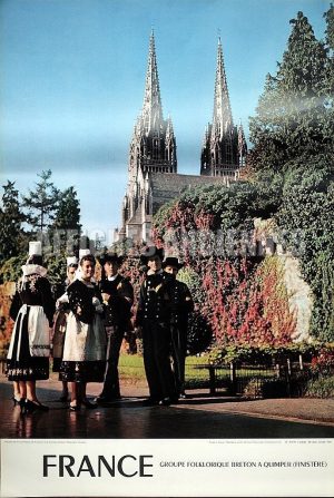 BRETAGNE COSTUMES ET COIFFES TRADITIONELS DE BRETAGNE QUIMPER AFFICHE ORIGINALE FORMAT 40X60 CM CIRCA 1960