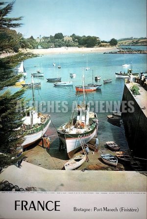 BRETAGNE FINISTERE PORT MANECH SARDINIER A MAREE BASSE RADOUBAGE AFFICHE ORIGINALE FORMAT 40X60 CM CIRCA 1960