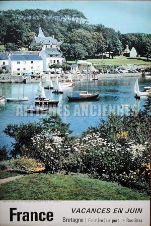 BRETAGNE FINISTERE LE PORT DE ROS BRAS VOILIERS ET DERIVEURS AFFICHE ORIGINALE FORMAT 40X60 CM CIRCA 1960