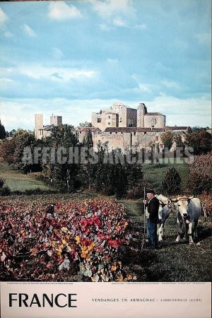 FRANCE GERS VENDANGES EN ARMAGNAC LARESSINGLE ATTELAGE DE BOEUFS AFFICHE ORIGINALE FORMAT 40X60 CM CIRCA 1960