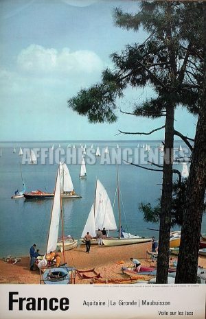 FRANCE AQUITAINE GIRONDE LE LAC DE MAUBUISSON DERIVEURS SUR LES LACS AFFICHE ORIGINALE FORMAT 40X60 CM CIRCA 1960