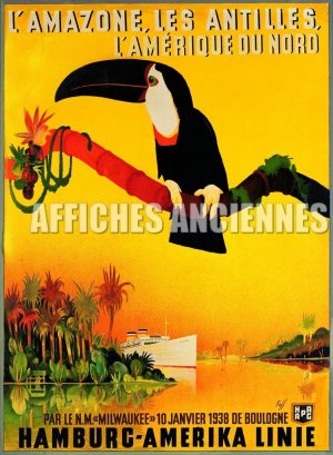 l'Amazone les Antilles Amérique du nord paquebot le milwaukee, hamburg Amerika linie reproduction d'affiche ancienne