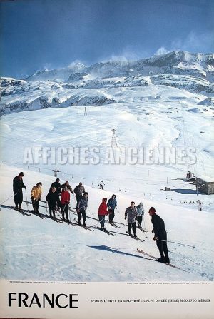 FRANCE L'HIVER EN DAUPHINE L'ALPE D'HUEZ ISERE 1860-2700 METRES AFFICHE ORIGINALE FORMAT 40X60 CM CIRCA 1960