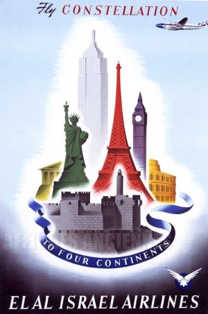 REPRODUCTION AFFICHE ANCIENNE EL AL ISRAEL AIRLINES PARIS NEW YORK LONDRES GRECE