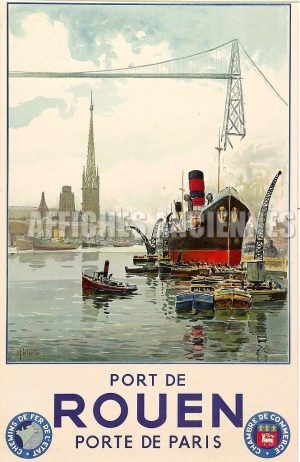 Reproduction affiche ancienne le port de Rouen pont transbordeur paquebot