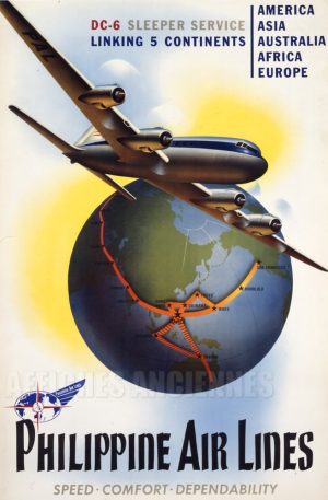 REPRODUCTION AFFICHE ANCIENNE PHILIPPINE AIR LINES AMERICA ASIA AUSTRALIA AFRICA EUROPE