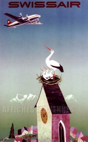 REPRODUCTION AFFICHE ANCIENNE swissair cigogne