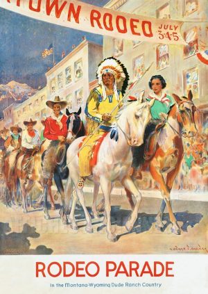 REPRODUCTION AFFICHE ANCIENNE RODEO ET CHEF INDIEN AMERIQUE DU NORD