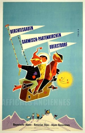 reproduction affiche ancienne SKI A BERCHTESGADEN GARMICSH OBERSTDORF ALPES BAVAROISES