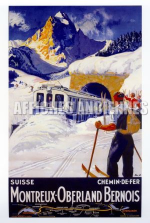 reproduction affiche ancienne chemin de fer suisse ski montreux oberland bernois