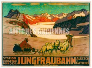 reproduction afiche ancienne jungfraubahn suisse chiens traineau