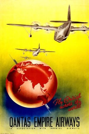 REPRODUCTION AFFICHE ANCIENNE QANTAS EMPIRE AIRWAYS AVION BI-MOTEUR