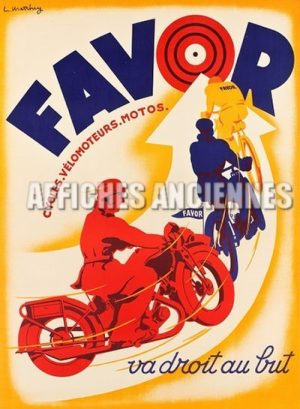 REPRODUCTION AFFICHE ANCIENNE CYCLES VELOMOTEURS MOTOS FAVOR