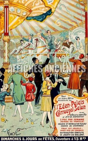 Reproduction affiche ancienne danse carrousel eden-palais Paris chevaux de bois art déco années 1930 format 40x60cm
