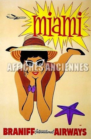 REPRODUCTION AFFICHE ANCIENNE FLORIDE MIAMI COMPAGNIE BRANIFF