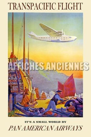 Reproduction d'affiche ancienne Transpacific Flight quadrimoteur Pan American Airways jonque Asie