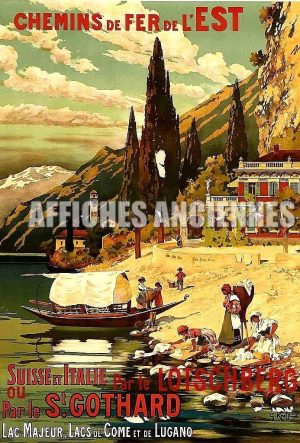 Reproduction affiche ancienne Suisse Italie Saint Gotahrd Lugano lacs de come Lac Majeur