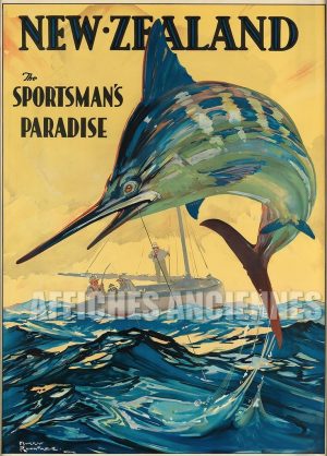 Reproduction d'affiche ancienne New-Zealand, Nouvelle-Zélande pèche au marlin