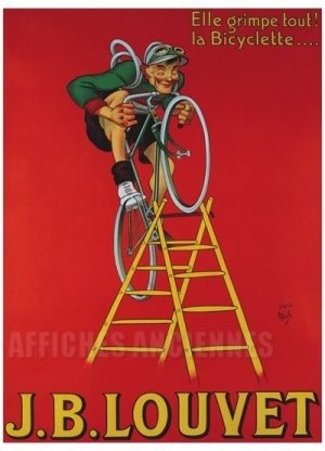 Reproduction d'affiche Ancienne J.B. Louvet Elle Grimpe Tout ! Vintage Art Déco Cyclisme – Lithographie Caricature Mich Une magnifique reproduction d'affiche publicitaire lithographique française du début du XXe siècle, signée par le célèbre artiste caricature "Mich" pour les bicyclettes J.B. Louvet. Une pièce de collection dynamique et colorée, parfaite pour les amateurs de cyclisme et de design vintage.