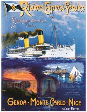 AFFICHE Riviera Express Service Genoa Monte Carlo Nice - VINTAGE POSTER BANK - thème Mer, Bateaux, Paquebots - Reproduction numérique d'affiche ancienne