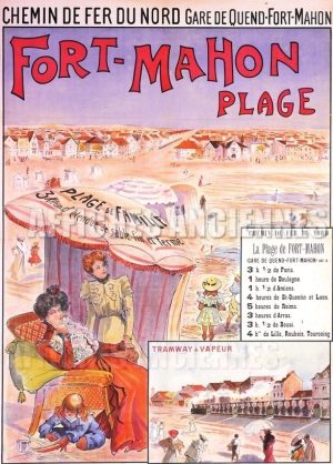 NORMANDIE Fort-Mahon Plage Plage des Familles Tramway à vapeur,- VINTAGE POSTER BANK - thème Plage - reproduction numérique d'affiche ancienne