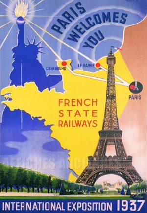Paris welcomes you International Exposition 1937 - VINTAGE POSTER BANK - thème Trains - reproduction numérique d'affiche ancienne